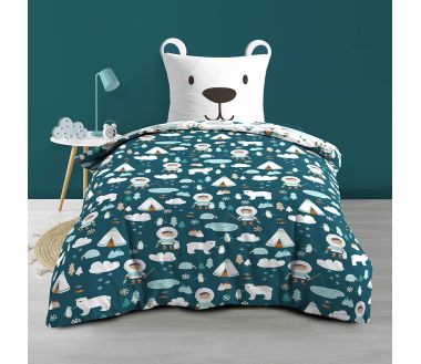 Pack 5 pièces Igloo - Parure de lit avec 2 draps housse et 1 nounours