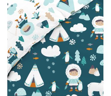 Pack 5 pièces Igloo - Parure de lit avec 2 draps housse et 1 nounours