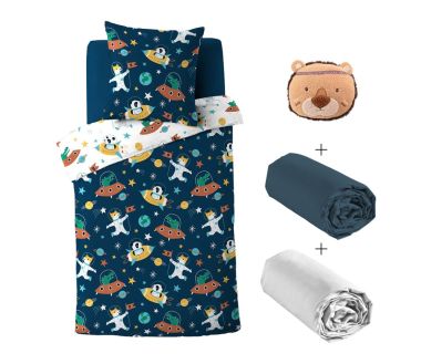 Pack 5 pièces Cosmo - Parure de lit avec 2 draps housse et 1 nounours