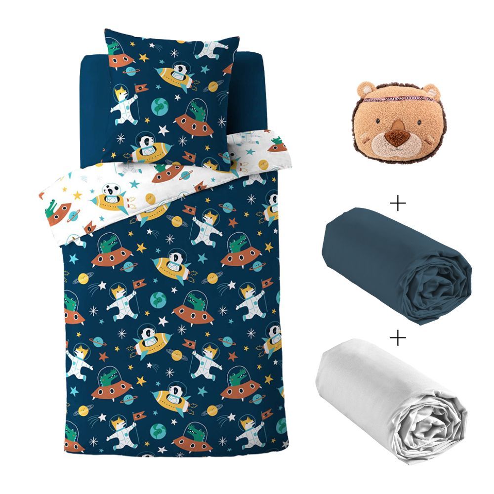 Pack 5 pièces Cosmo - Parure de lit avec 2 draps housse et 1 nounours