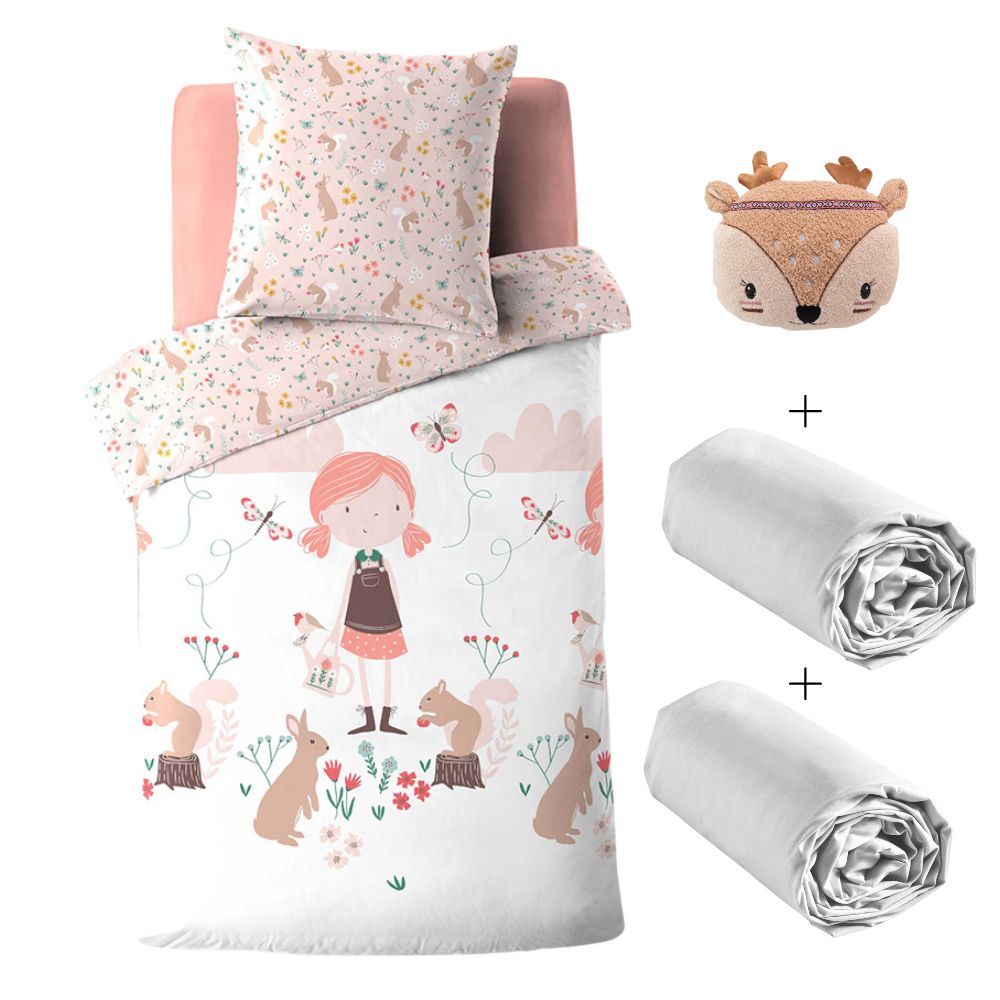 Pack 5 pièces Alice - Parure de lit avec 2 draps housse et 1 nounours