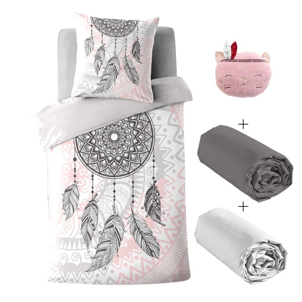 Pack 5 pièces Namaste - Parure de lit avec 2 draps housse et 1 nounours