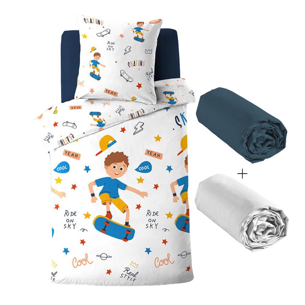 Pack 4 pièces Skateboy - Parure de lit avec 2 draps housse