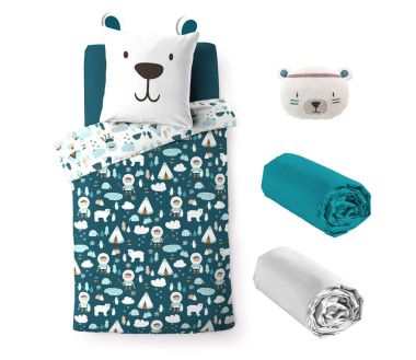 Pack 5 pièces Igloo - Parure de lit avec 2 draps housse et 1 nounours