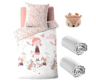 Pack 5 pièces Alice - Parure de lit avec 2 draps housse et 1 nounours