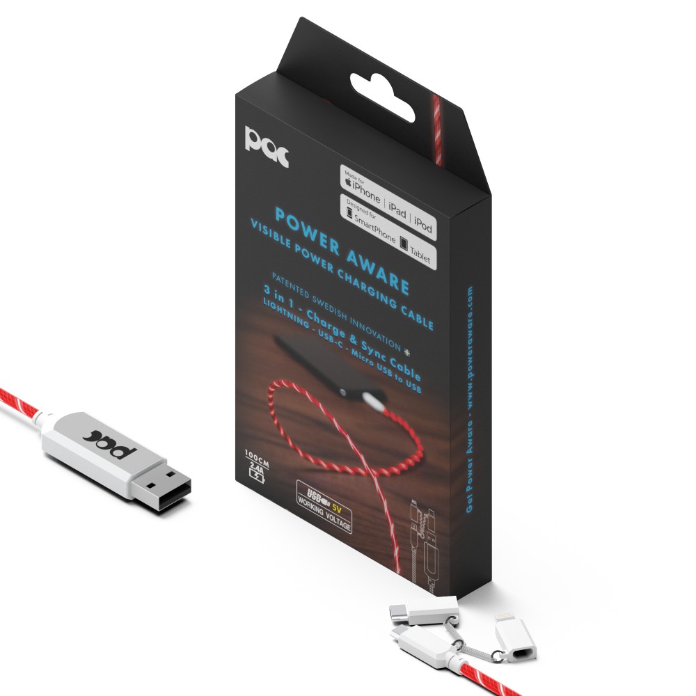 The Pac Câble chargeur lumineux 3en1 Rouge pour Smartphones