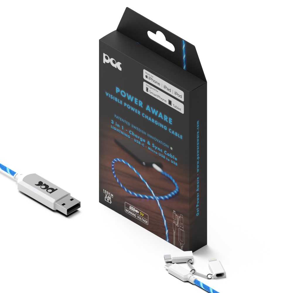 The Pac Cable chargeur lumineux 3en1 Bleu pour Smartphones