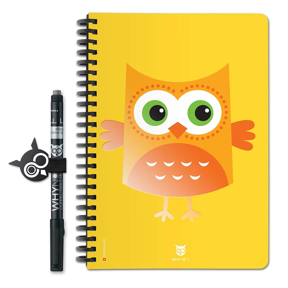 Carnet effaçable A5 WhyNote écoresponsable Hibou chouette jaune