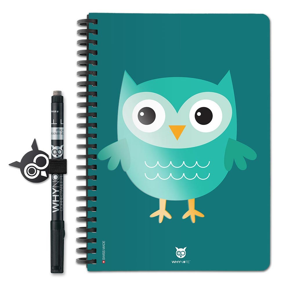 Carnet effaçable A5 WhyNote écoresponsable Hibou chouette vert